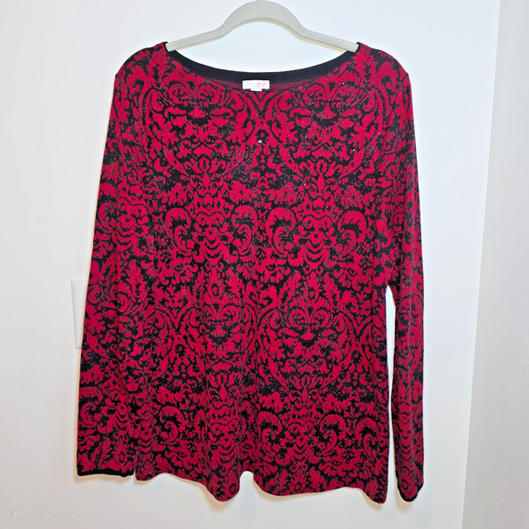 J. Jill Red Black Embellished Sparkle Pullover Sweater Top Womens Large Cotton - Picture 1 of 8